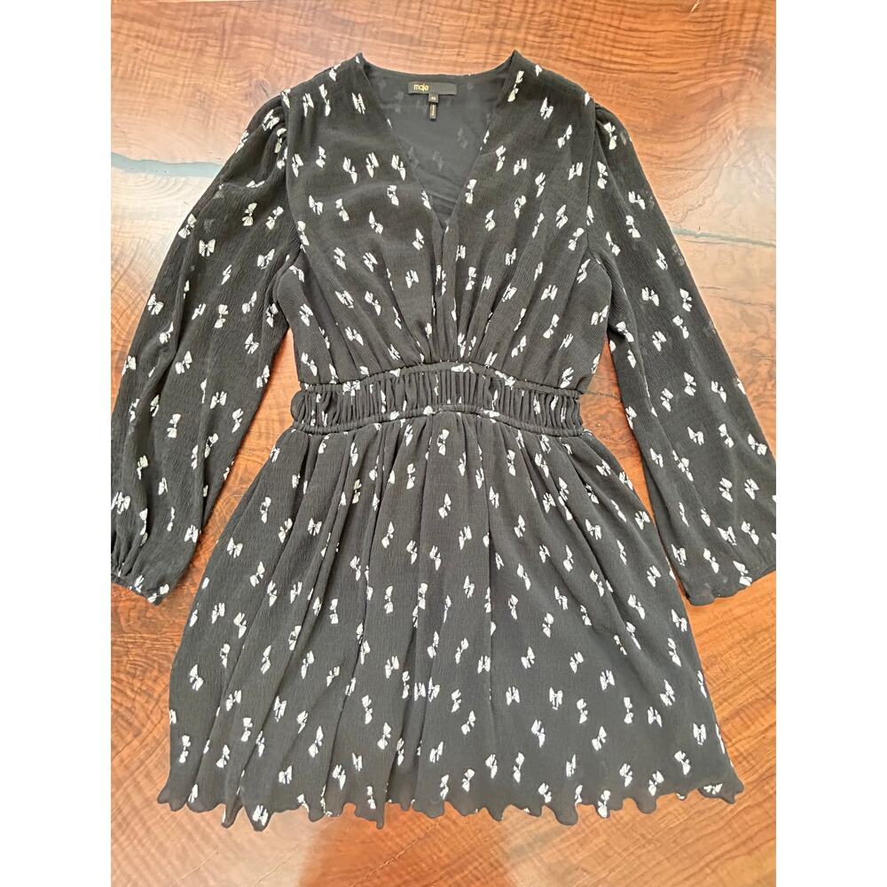 Maje Rionana Bow Print Plissé Mini Dress - Size 40 (US M) - MSRP $415